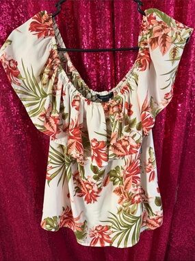 Forever 21 Cream Floral Off-Shoulder Ruffle Blouse